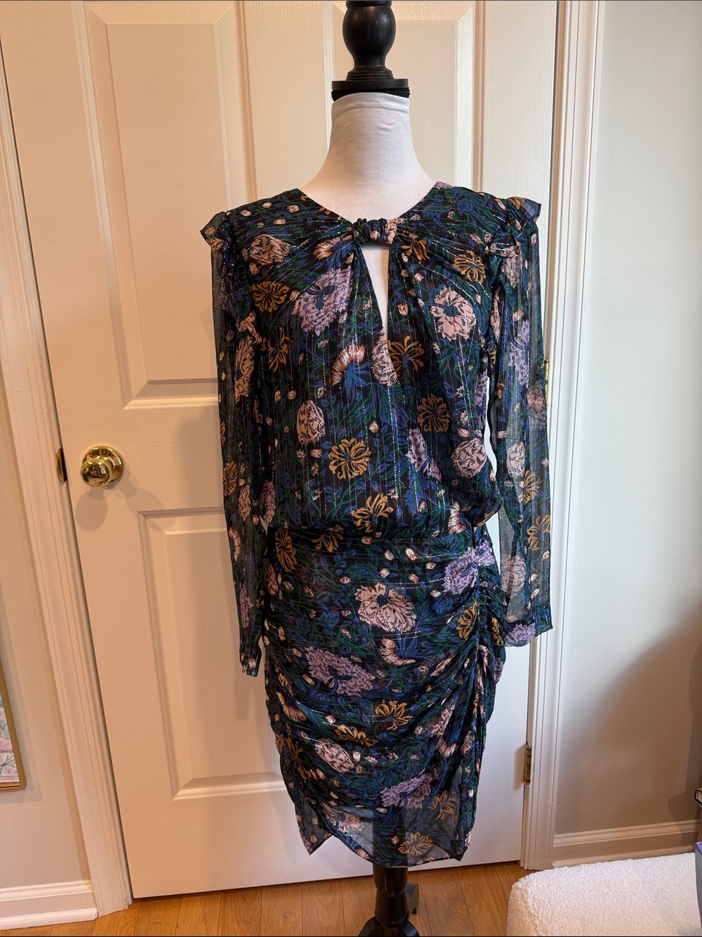 Veronica Beard Black Floral Keyhole Long-Sleeve Ruched Dress